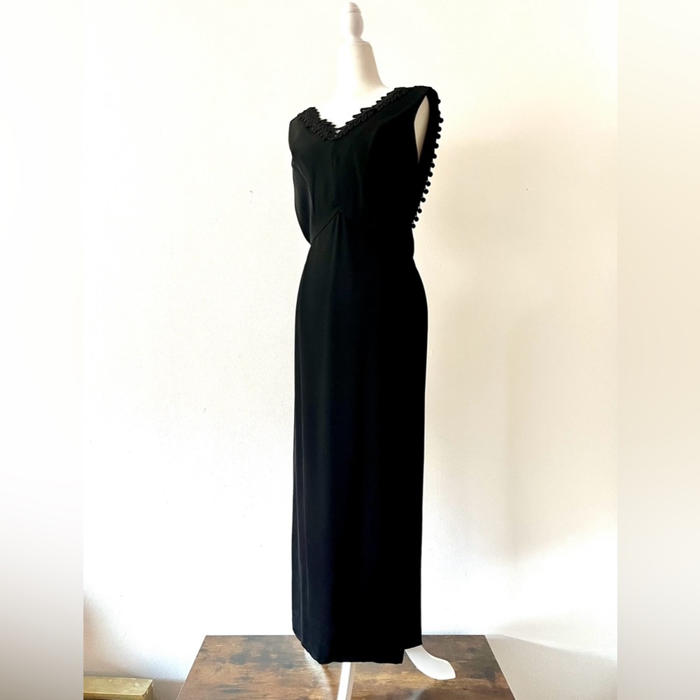 Custom vintage black gown w decorative details front and back (see measurements)